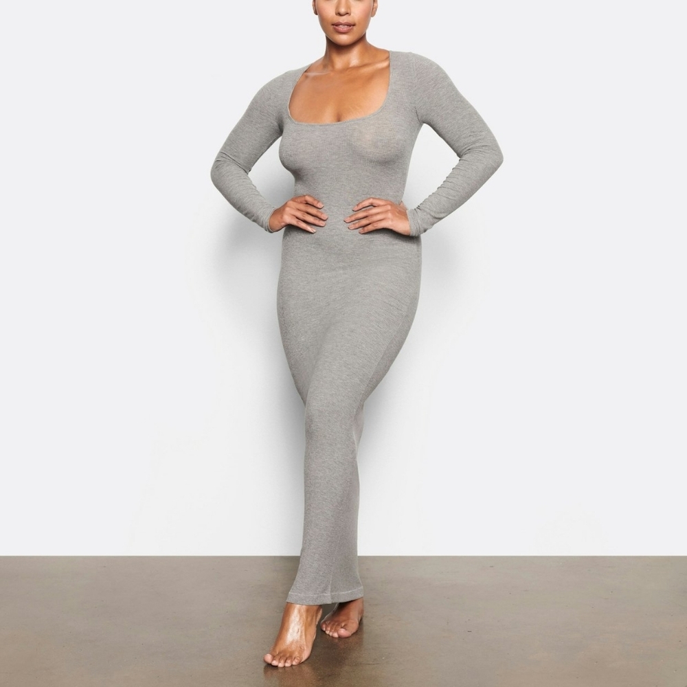 Skims Soft Lounge Long Sleeve Dress DR-MID-4352 Heather Grey Size Small, 4X